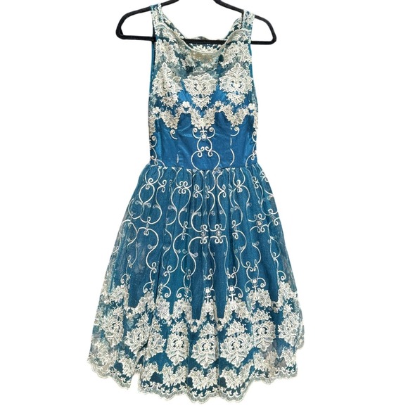 Chi Chi London Reign or Shine Lace Dress Teal Blue 4 Party Cocktail‎ Prom Glam - Picture 2 of 14